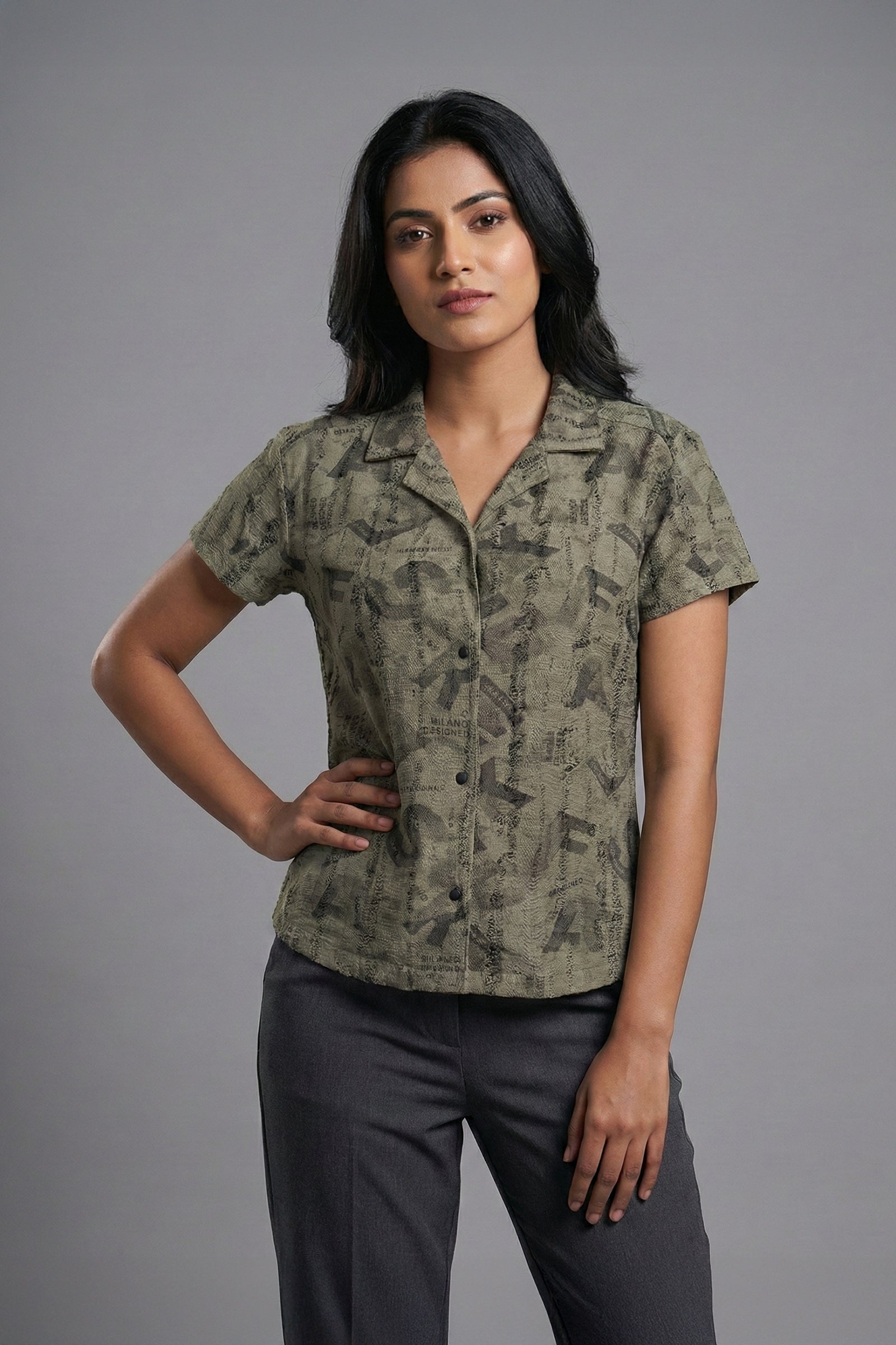 Urban Olive Typography Cuban Collar Shirt