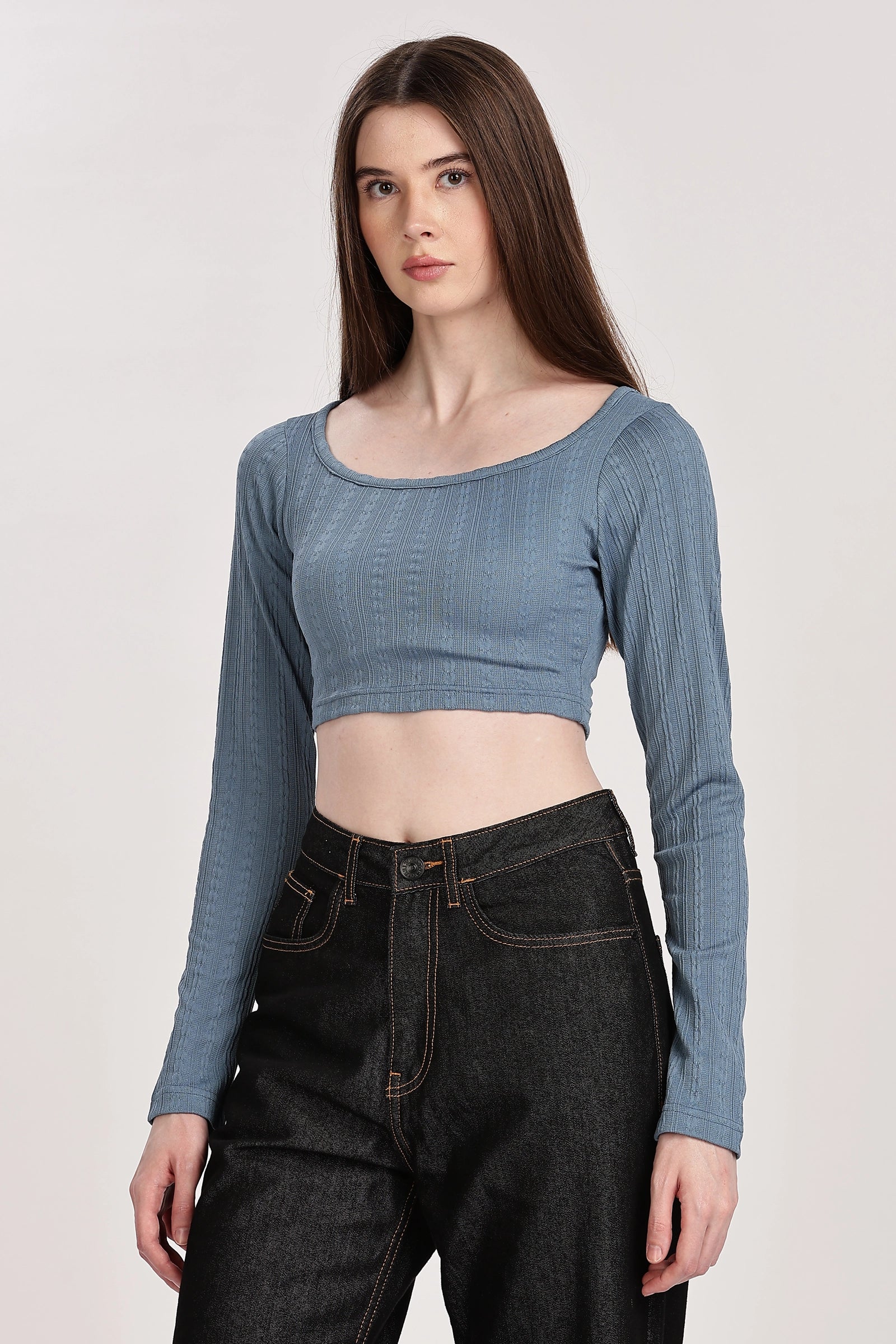 Textured Serenity Crop Blouse Full Sleeves