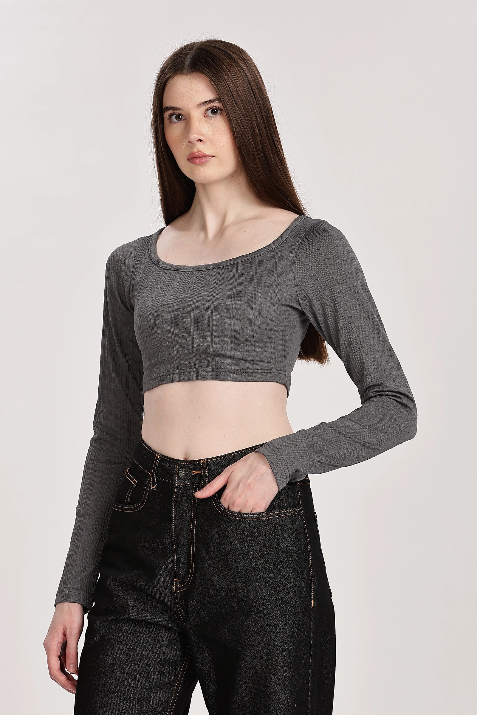 Textured Serenity Crop Blouse Full Sleeves