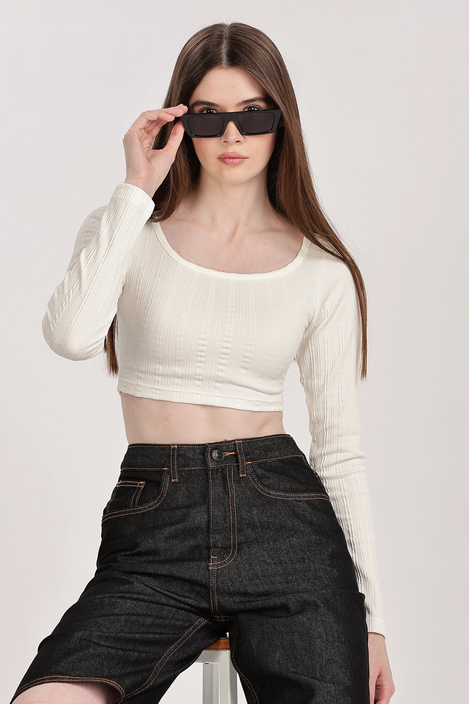 Textured Serenity Crop Blouse Full Sleeves