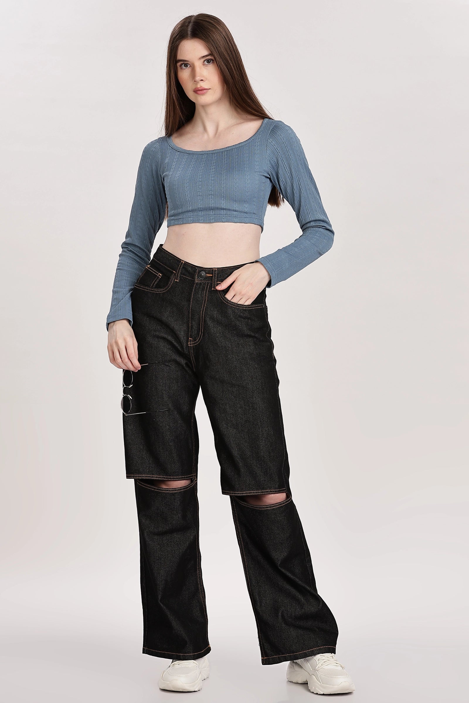 Textured Serenity Crop Blouse Full Sleeves