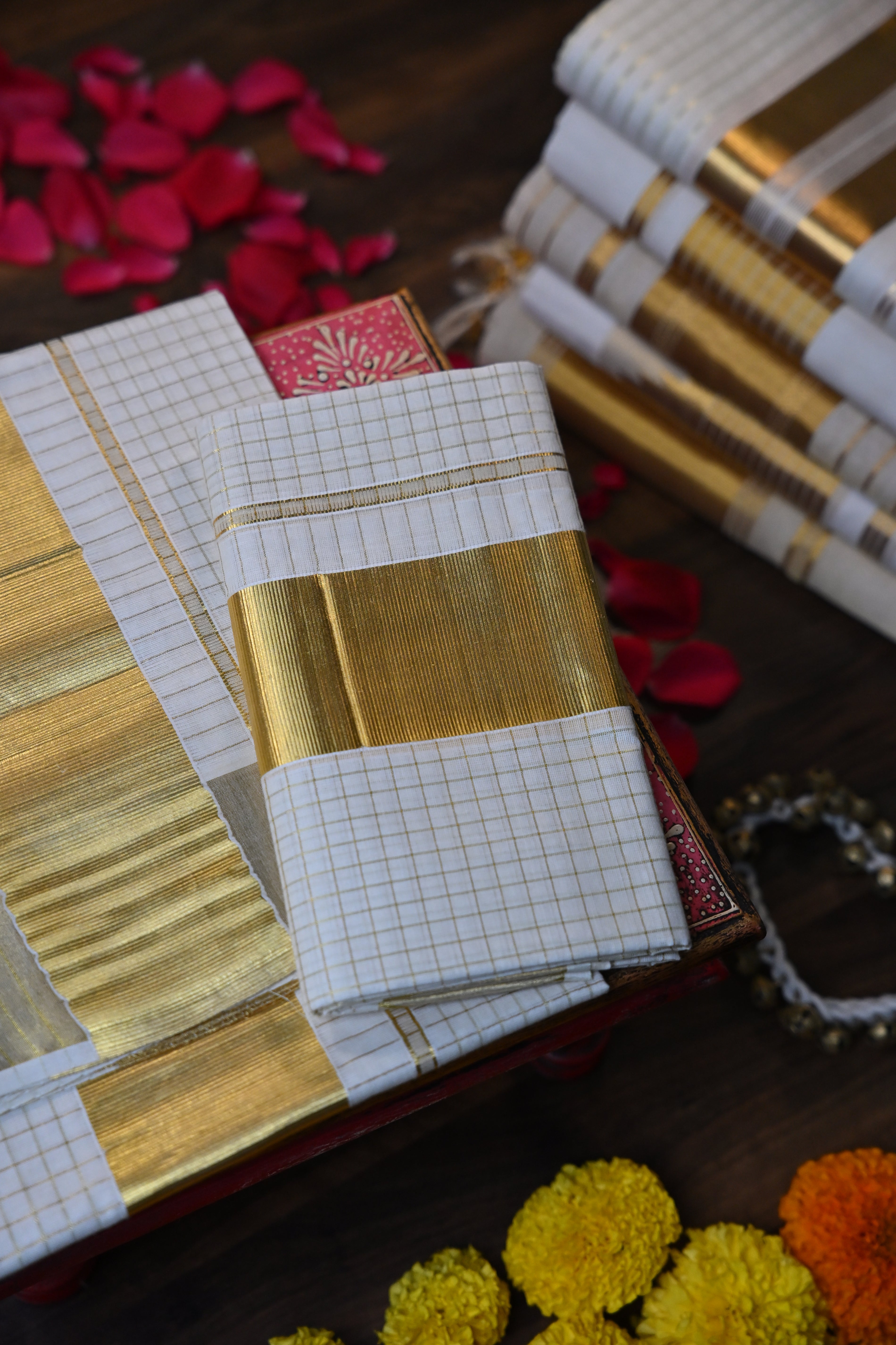 Traditional Golden Check Zari Border Saree