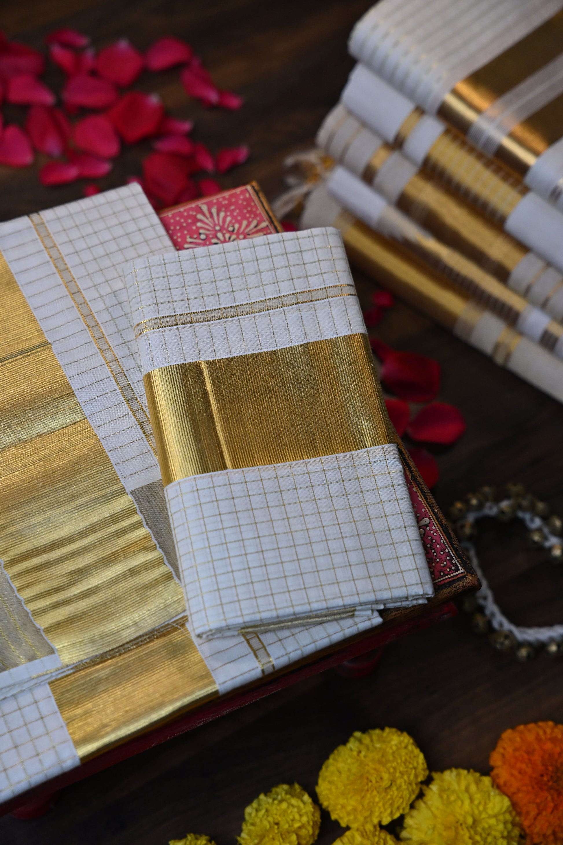 Traditional Golden Check Zari Border Saree