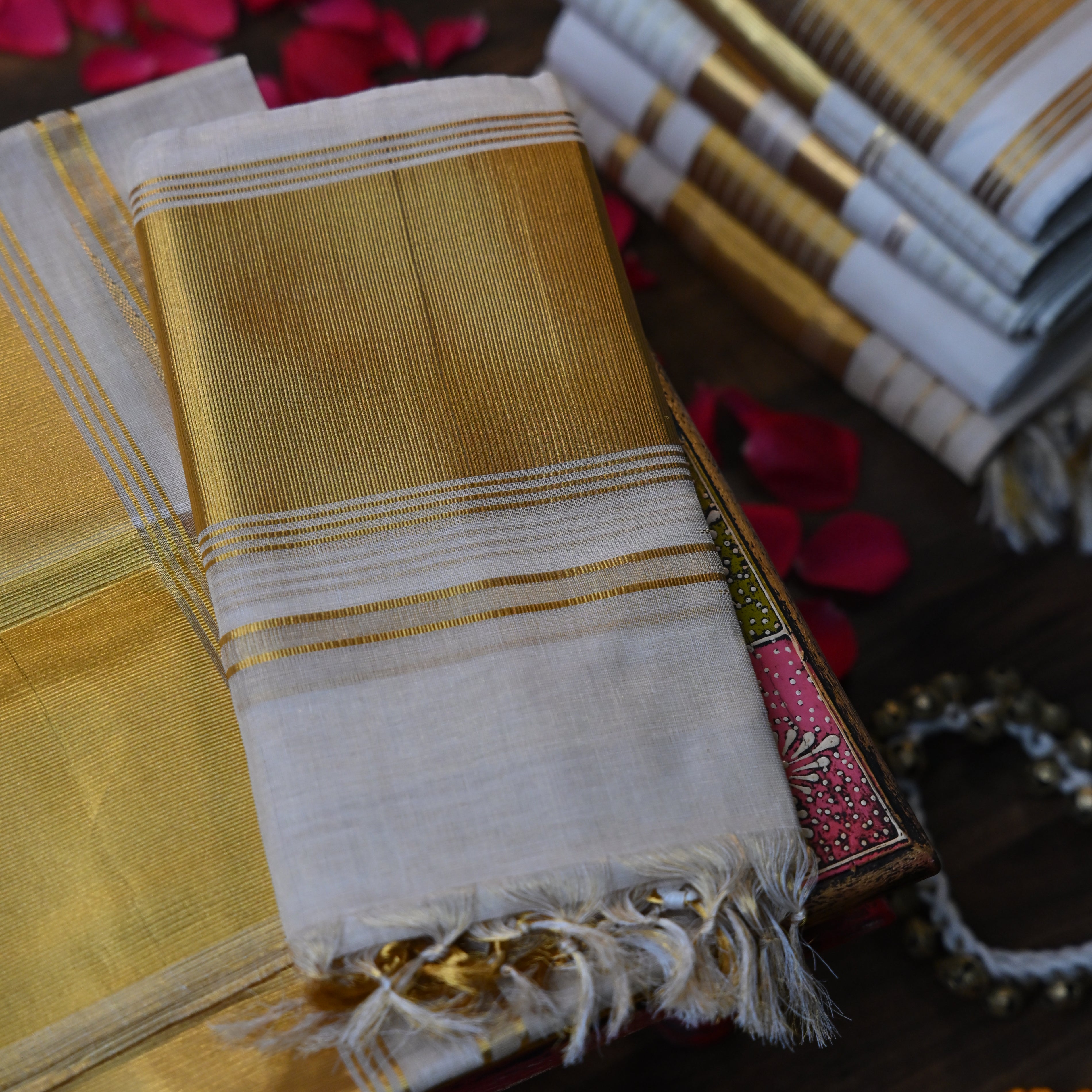 Fine Striped Gold Zari Tissue Saree