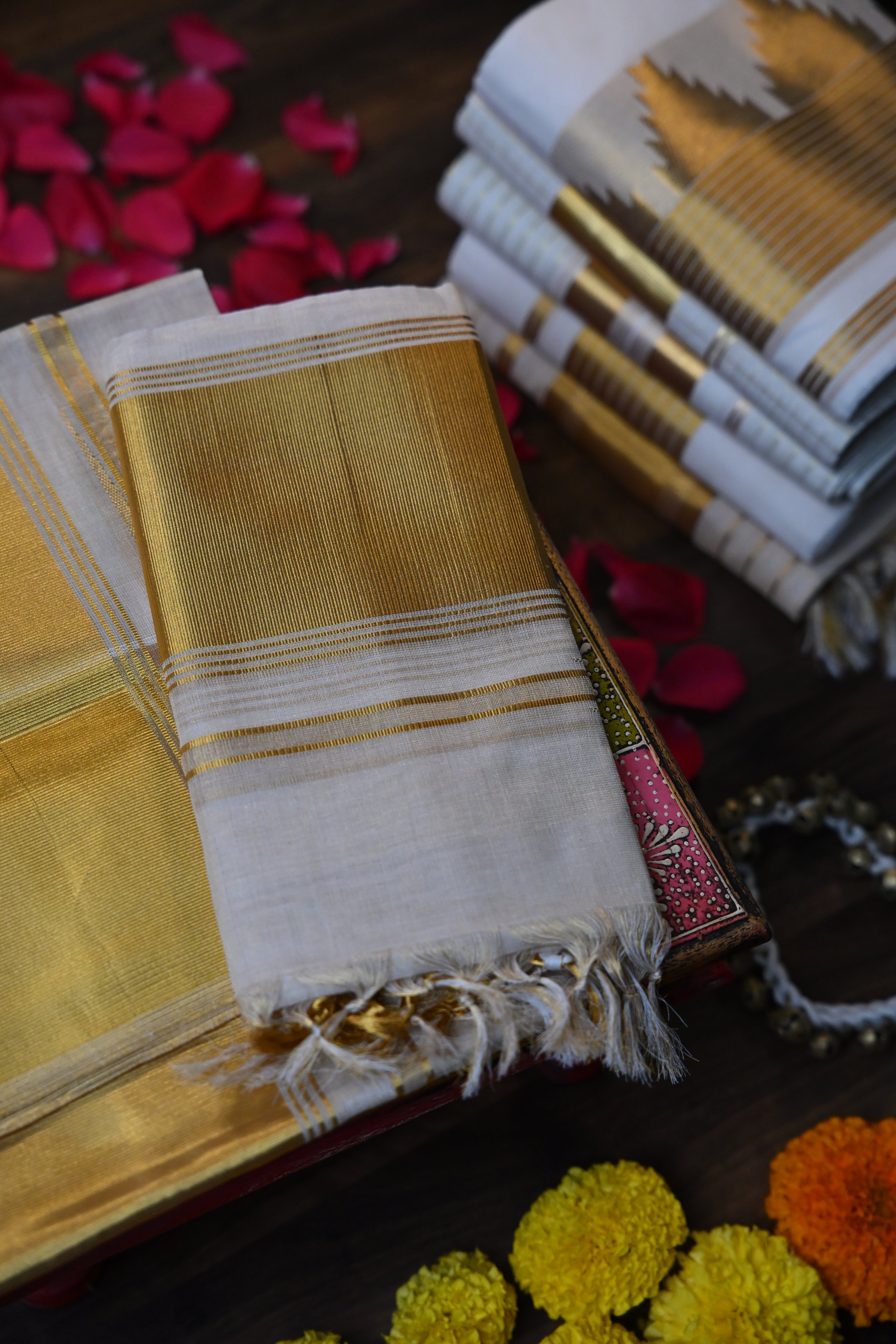 Fine Striped Gold Zari Tissue Saree