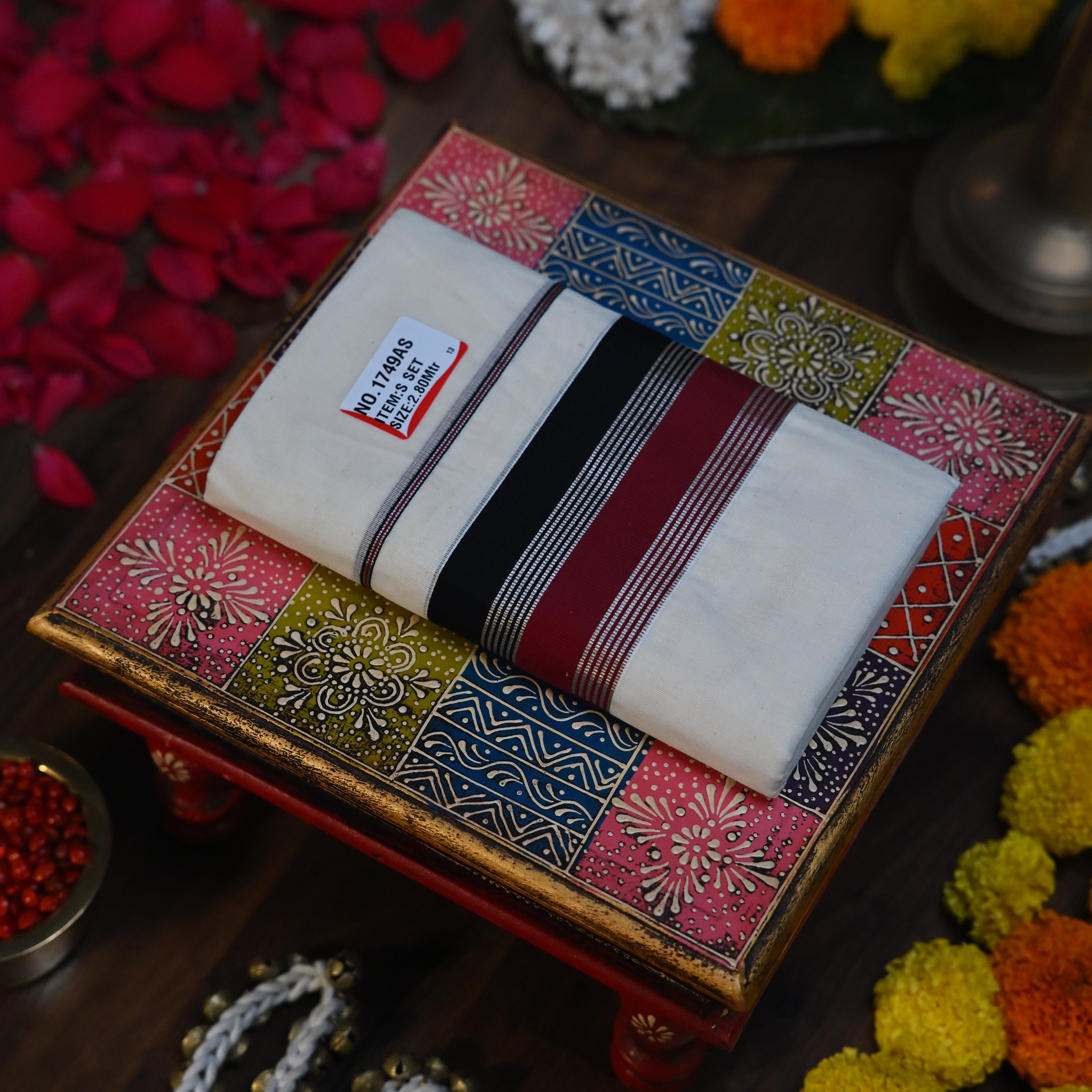 Tricolor Maroon, Black & Silver Striped Set Mundu