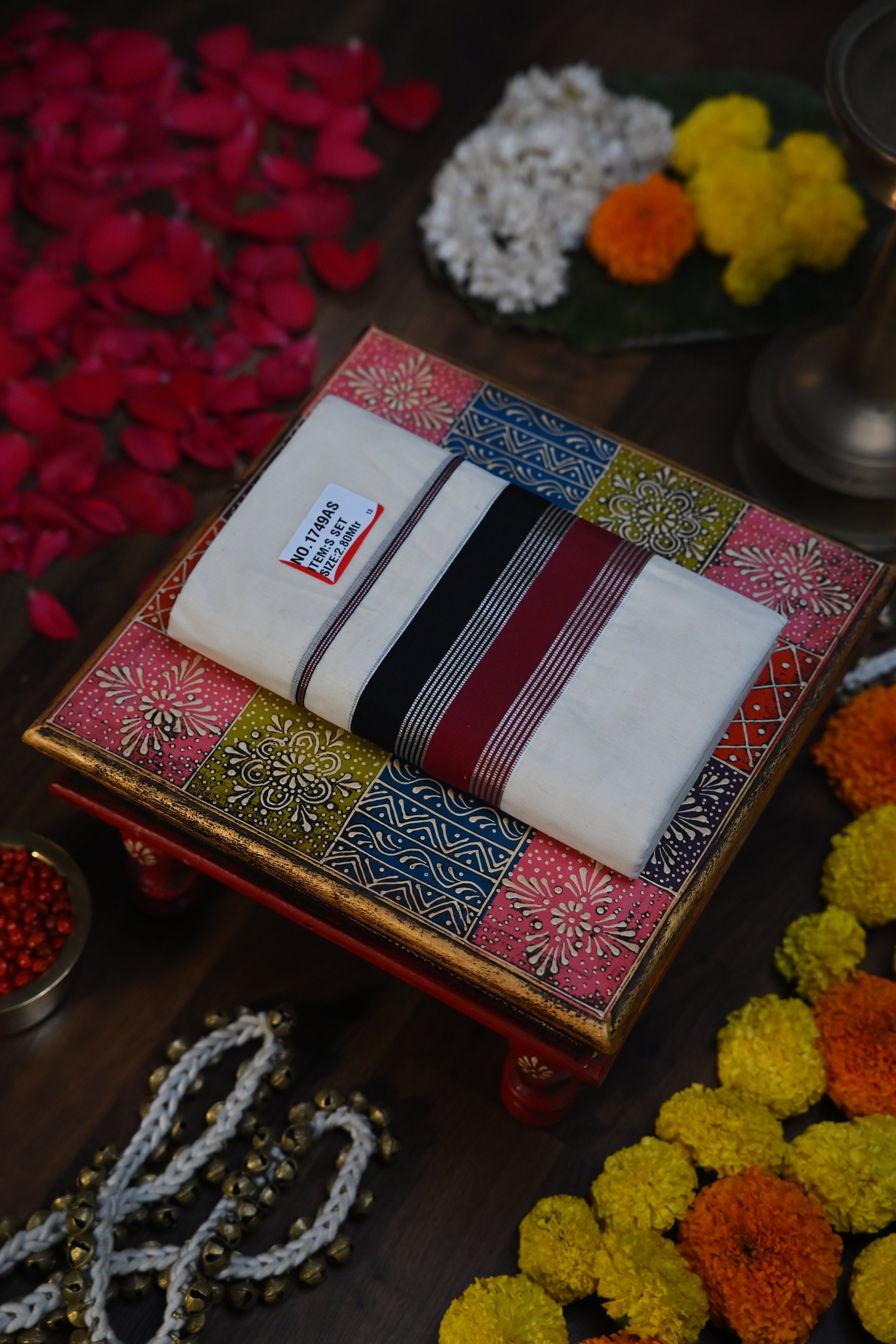 Tricolor Maroon, Black & Silver Striped Set Mundu