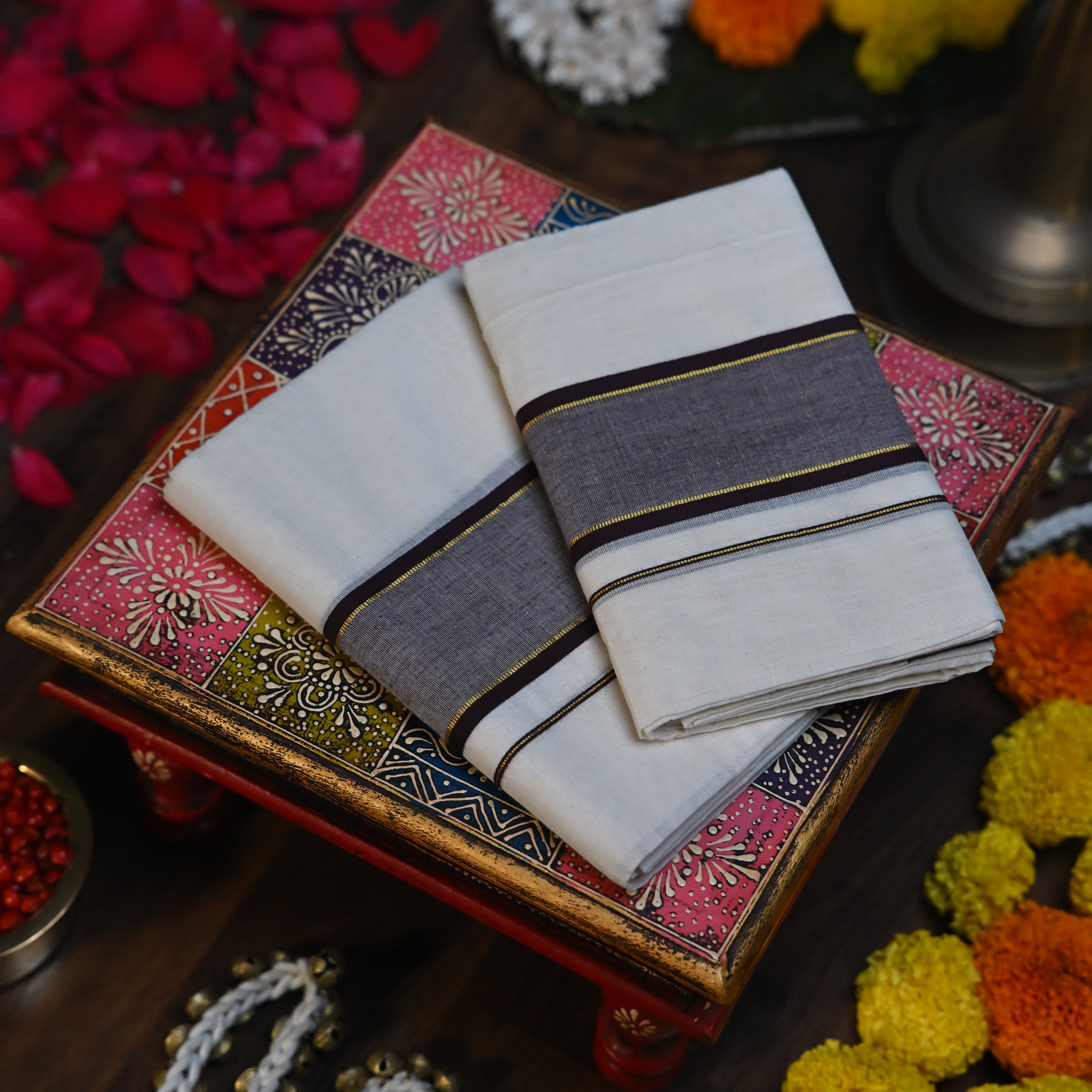 Dark Mocha & Gold Zari Striped Set Mundu