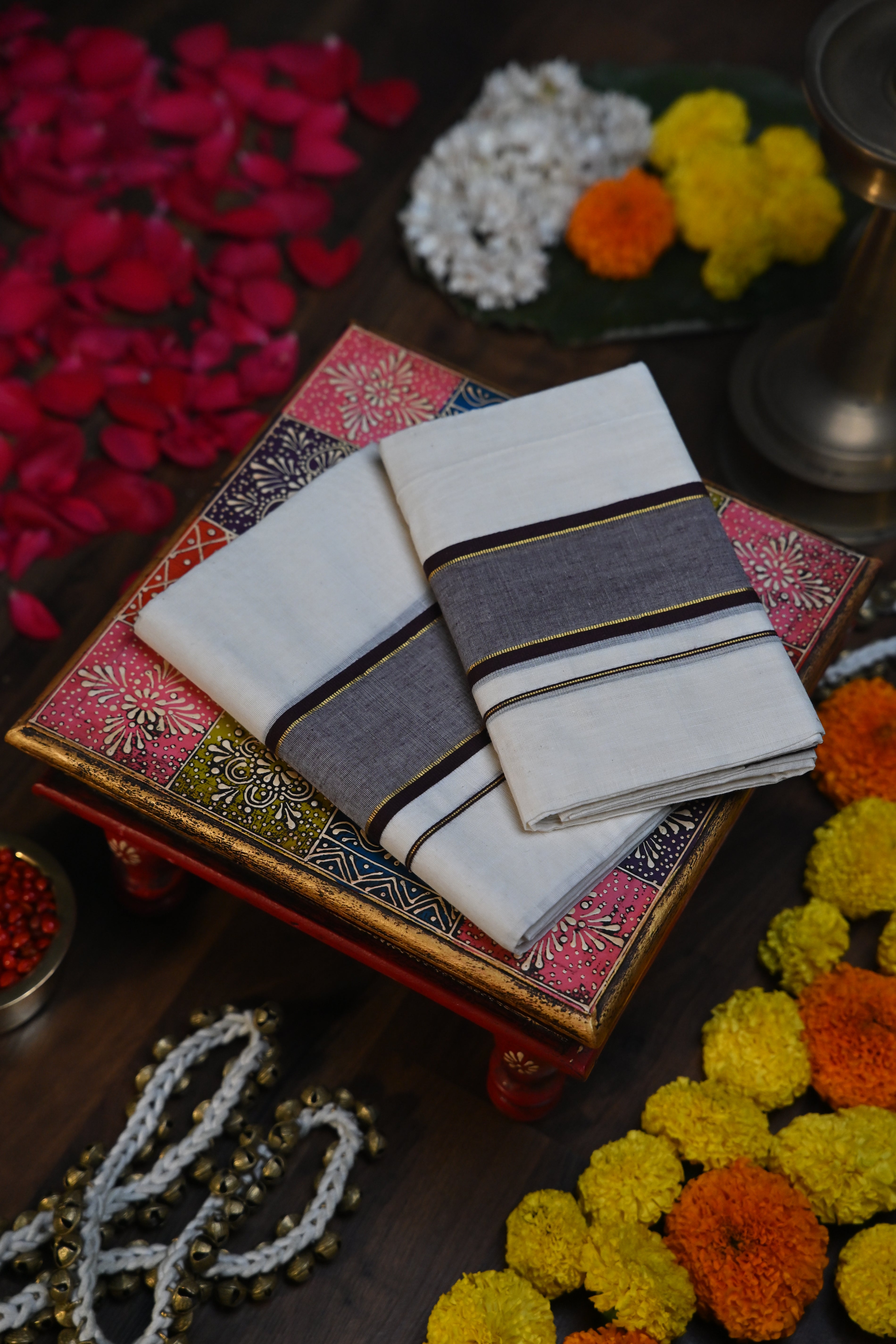 Dark Mocha & Gold Zari Striped Set Mundu