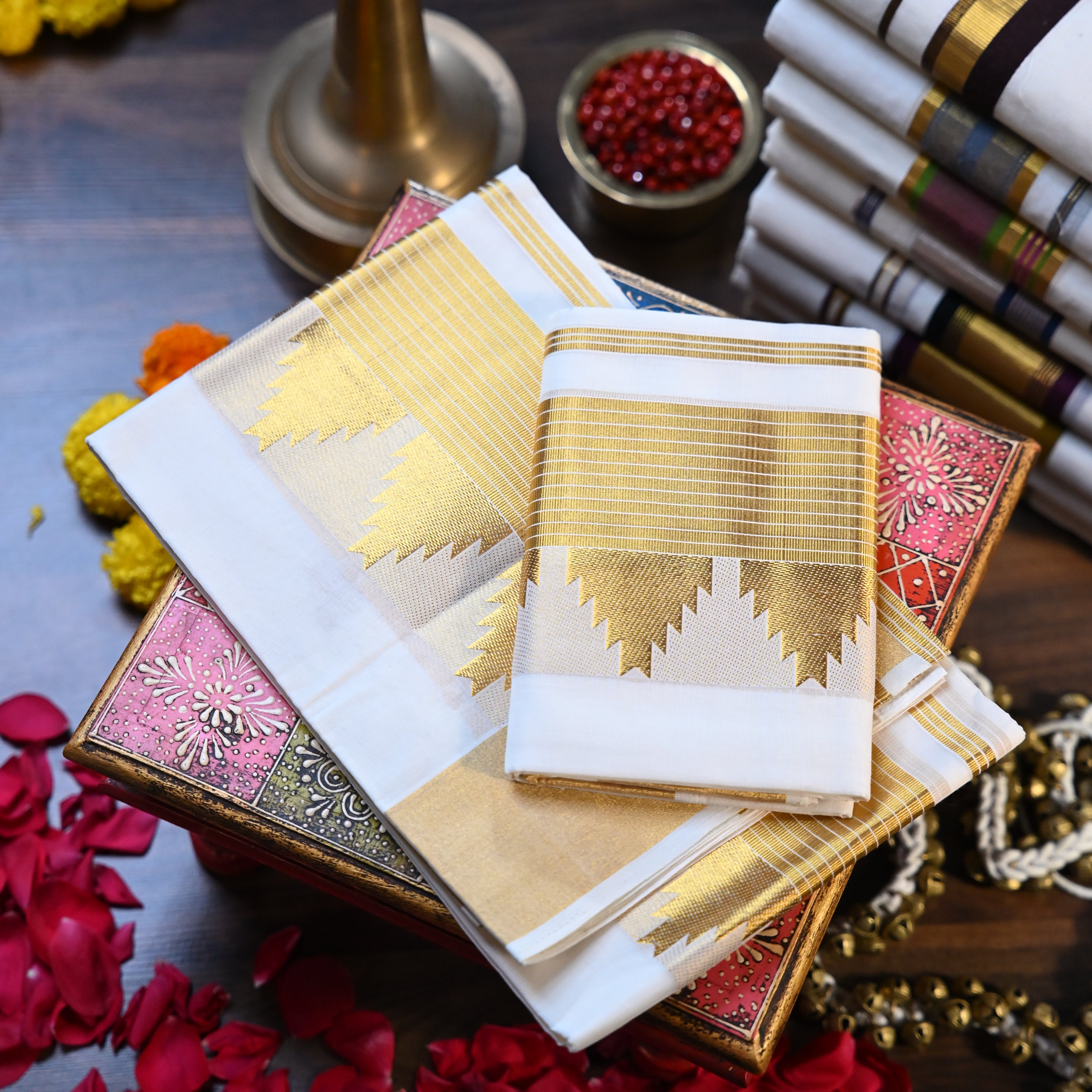 Temple Design Golden Zari Set Mundu
