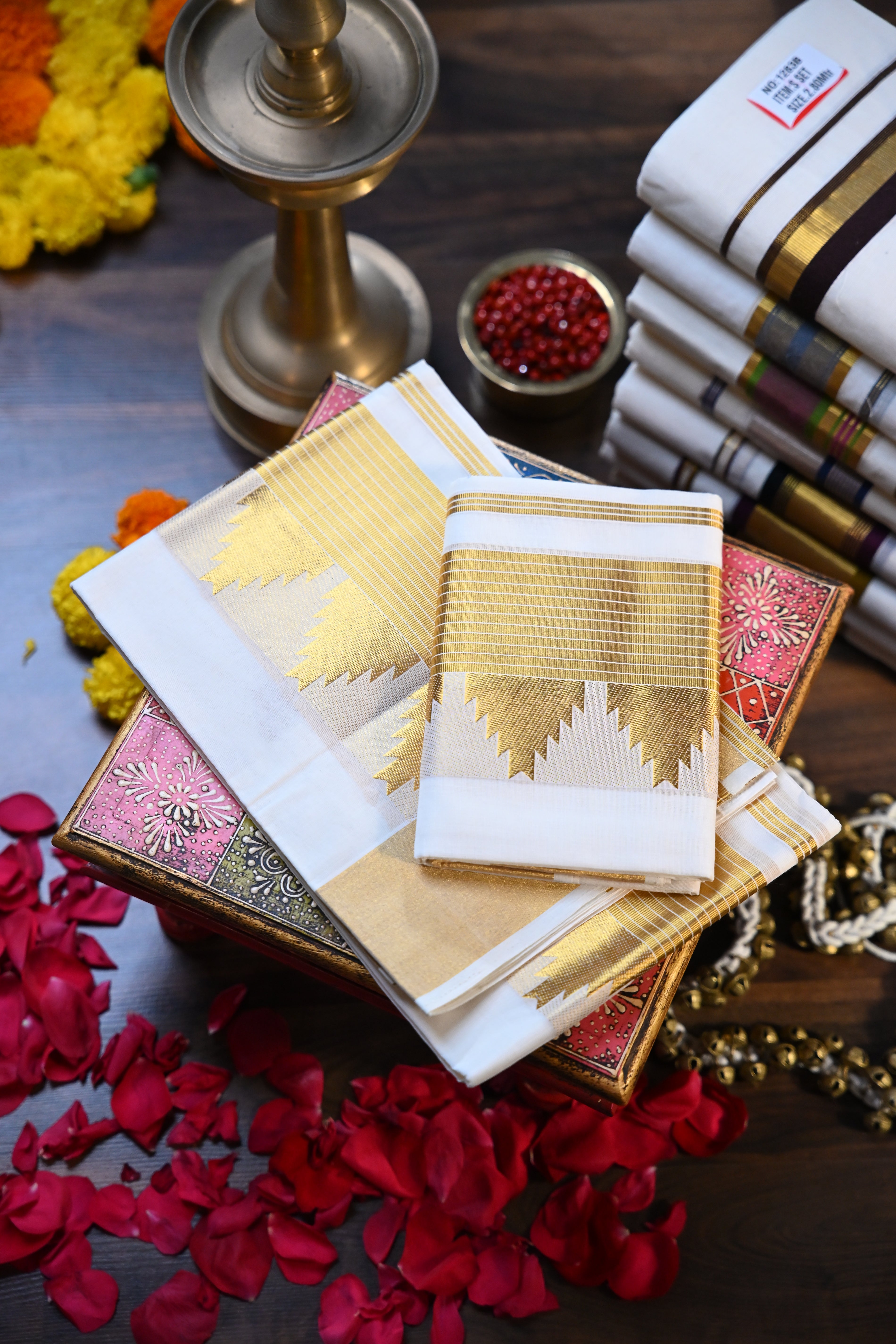 Temple Design Golden Zari Set Mundu