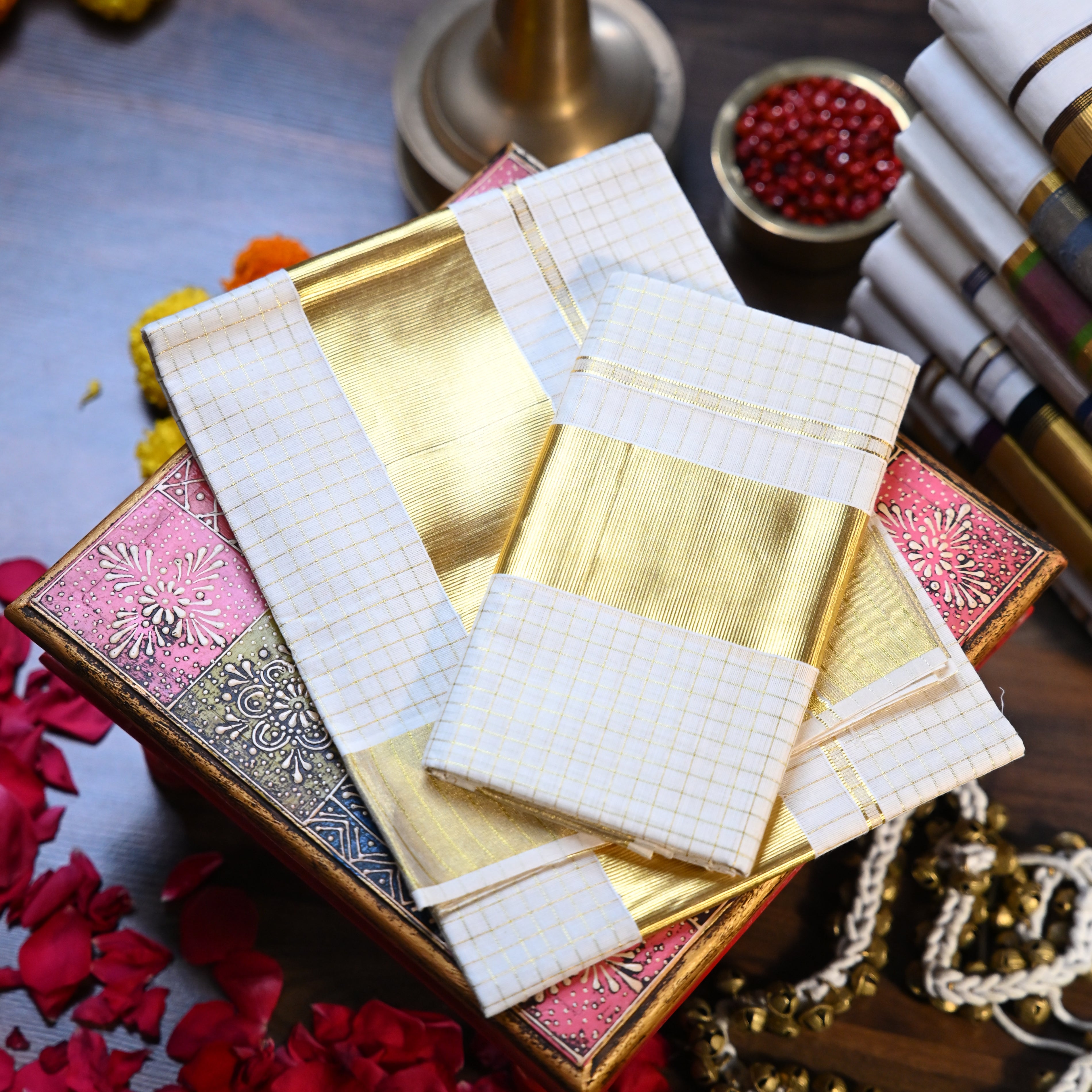 Golden Checkered Traditional Set Mundu