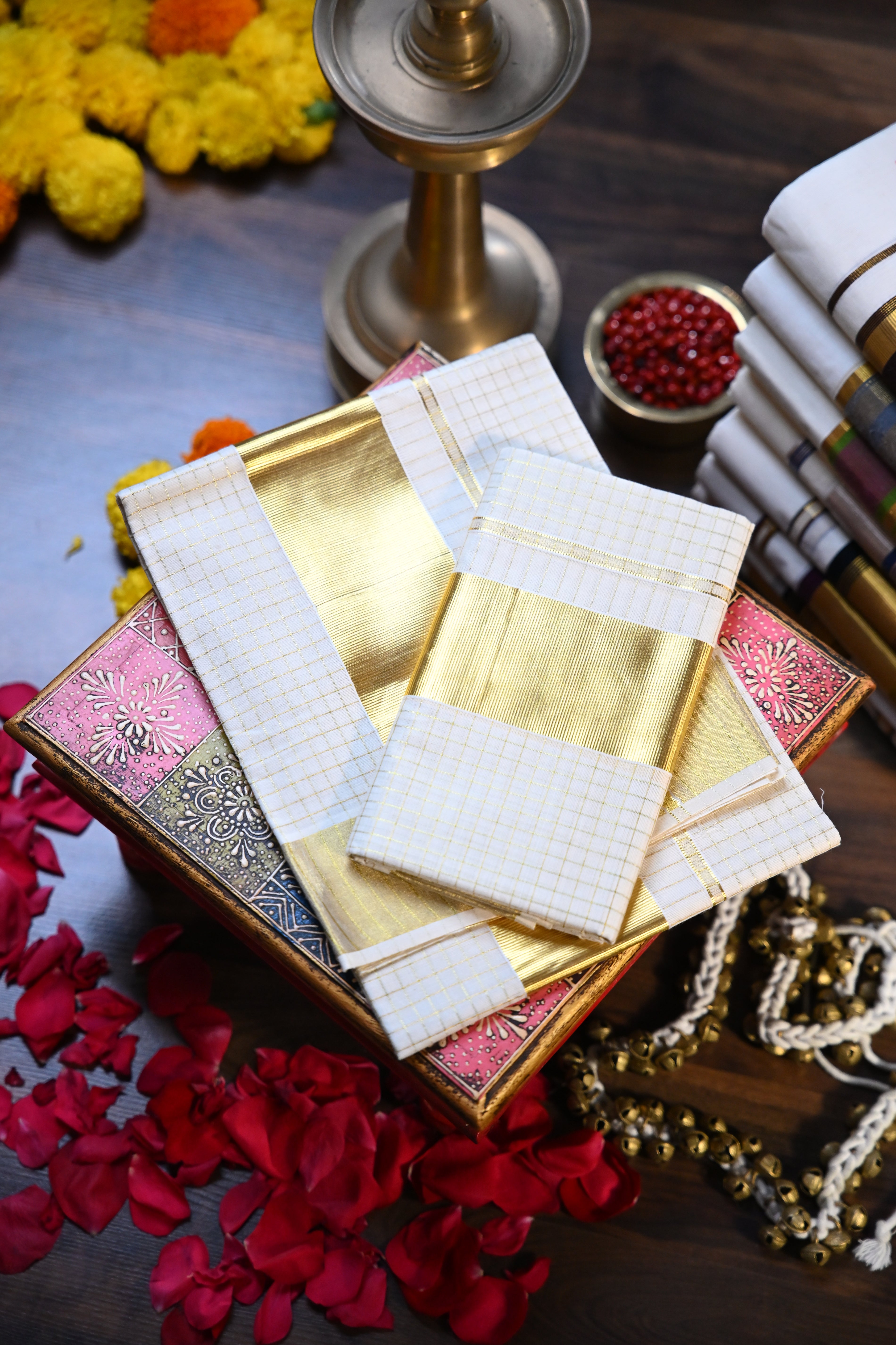 Golden Checkered Traditional Set Mundu