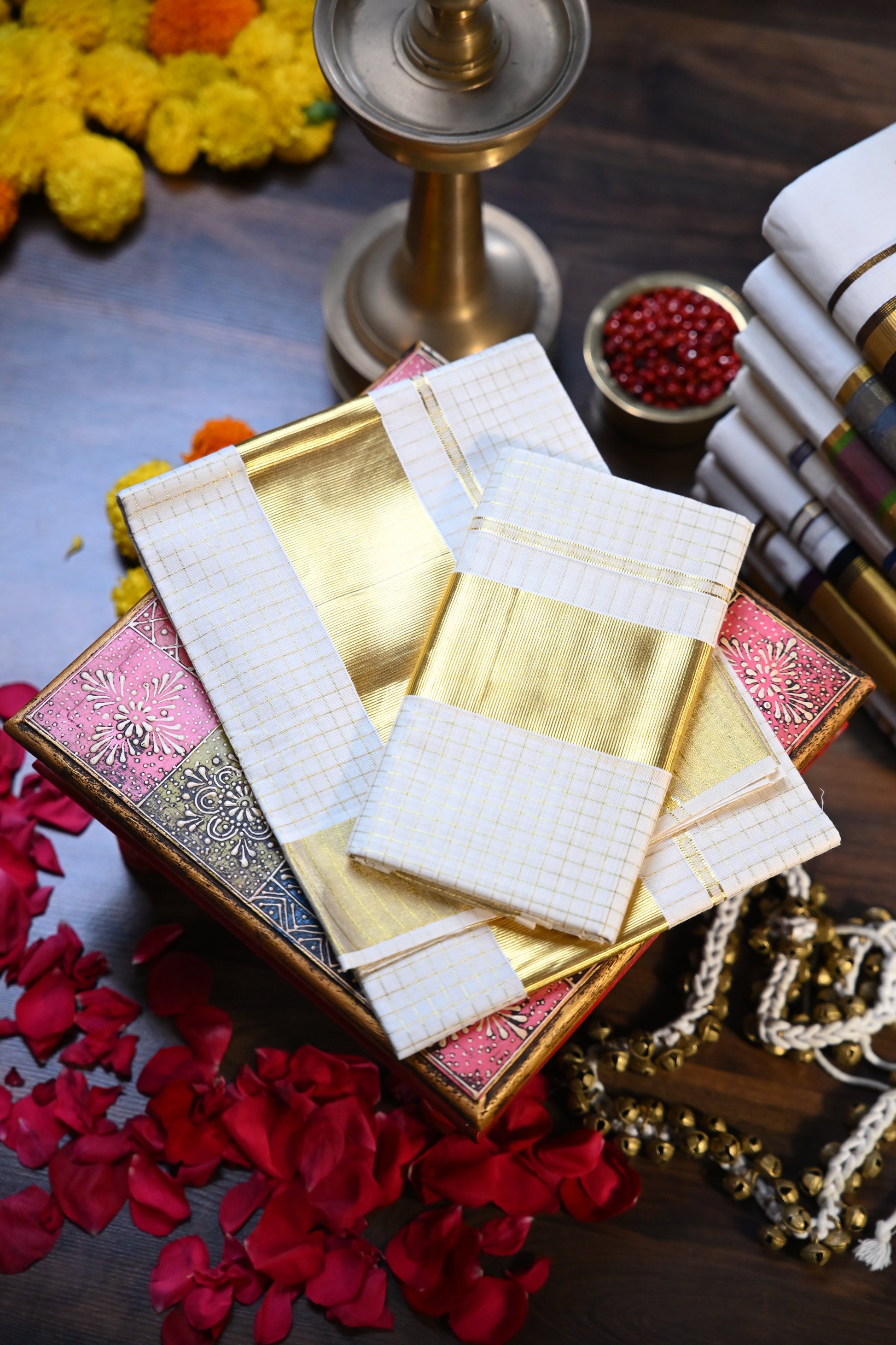 Golden Checkered Traditional Set Mundu